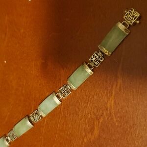 Vintage Sterling Silver & Jade W/ Chinese Characters Tennis Bracelet